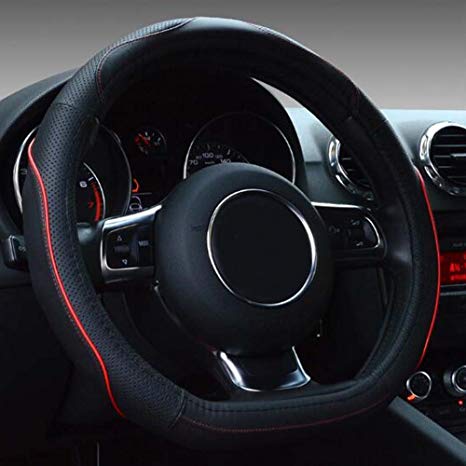 Flat Bottom Steering Wheel Cover - Genuine Leather D Cut Shaped Steering Wheel Cover Wrap 14.5" - 15" 106D Red