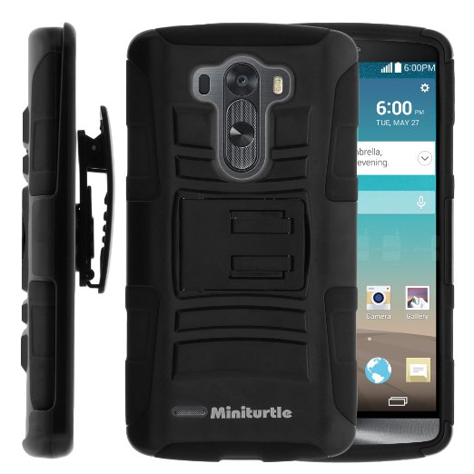 MINITURTLE, High Impact Rugged Hybrid Dual Layer Protective Phone Armor Case Cover with Built in Kickstand, Swivelling Holster Belt Clip, and Clear Screen Protector Film for Android Smartphone LG G3 /AT&T D850, /Verizon VS985, /T Mobile D851, /Sprint 990 (Black)
