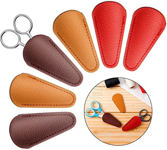 6 Pieces Scissors Sheath Safety Leather Scissors Cover Protector Colorful Sewing Scissor Sheath Portable Eyebrow Trimming Beauty Tool Protection Cover Collect Bags (Brown, Coffee and Yellow Brown)