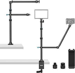 NEEWER Camera Desk Mount Stand with Two Auxiliary Holding Arms, Overhead Camera Mount Tabletop C Clamp 360° Swivel Ball Head for DSLR, Webcam, Photography, Videography, Live Streams, Zoom Calls, Blue