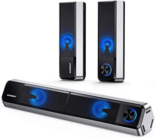 ELEGIANT Computer Speakers, Bluetooth 5.0 PC Speakers with Stereo Sound Colorful LED Light Detachable 2 in1 Gaming Speakers Mini Soundbar 3.5mm for PC Cellphone Tablets Desktop Laptop,10W