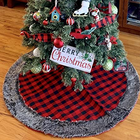 Buffalo Plaid Christmas Tree Skirt - Large 48" Diameter, Red and Black Checks, Gray Faux Fur Trim, Presents, Gifts, Plaid Christmas Decoration