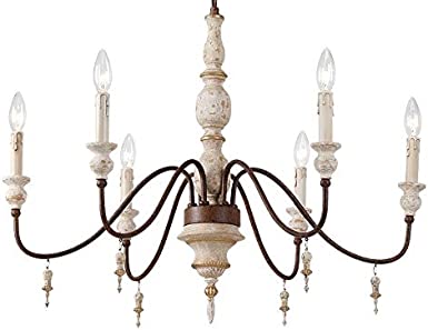 L 29.5" x 6 Light Ancient Rome Chandelier Wood - Like Metal Antique White Farmhouse Rustic French Country Style Pendant Ceiling Lamp