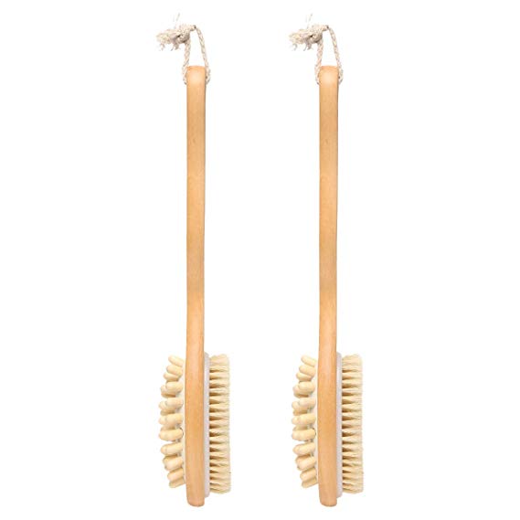 Sacred Salts Wooden Double Sided Body Brush with Massager and Long Handle | Natural Boar Bristles | Dry Brushing Removes Dead Skin, Treats Cellulite & Stimulates Blood Flow - Set of 2