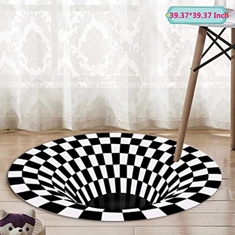 3D Area Rug Floor Mat Round Carpet 3D Visual Illusion Shaggy Rug for Lvining Bedroom,Black White Plaid Round Rugs 3D Visual Vortex Optical Illusions Anti-Slip Floor Mat for Dinning Room (100x100cm)