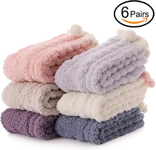 Womens Fuzzy Slipper Socks Soft Cabin Warm Cute Cozy Fluffy Winter Christmas Slipper Socks 6 Pairs