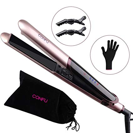 Professional Flat Iron for Hair CONFU Heat Up Fast 2 in 1 Hair Straightener and Curler Adjustable Temperature LCD Display Auto Shut Off Worldwide Dual Voltage Flat Irons Ideal for Travel