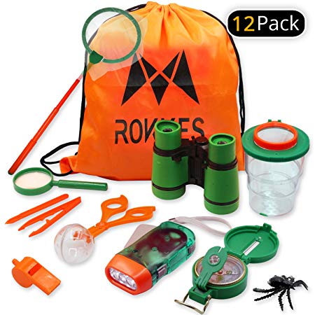 Kids Adventure Kit ,Outdoor Exploration - 12 In 1 Childrens Explorer Toy , Bug Catcher - Binoculars - Flashlight - Compass - Whistle - Magnifying Glass - Butterfly Net - Tweezers - Kid Backpack