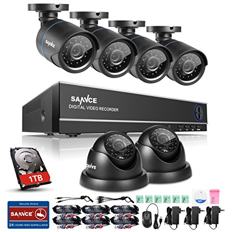 SANNCE 8CH 1080N Security Camera System CCTV DVR with 1TB Hard Drive and (6) 720P Night Vision Surveillance Cameras, IP66 Weatherproof , P2P Technology/E-Cloud Service, QR Code Scan Remote Access