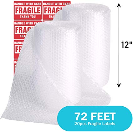 TeiKis 2-Pack (12 in x 72 ft) Bubble Cushioning Wrap Roll Perforated 3/16 inch for Moving Shipping Packing Supplies with 20 Fragile Stickers