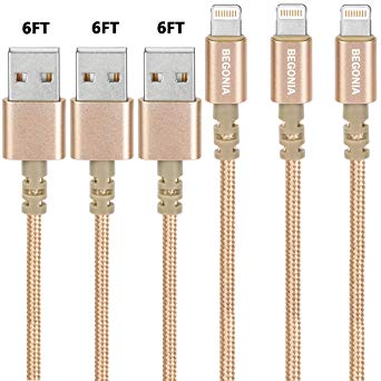 Begonia Nylon Braided USB Cable 3PACK (6FT) Phone Charger Fast Charging Cable Cord Compatible Phone 8 8 Plus 7 7 Plus 6s 6s Plus 6 6 Plus Pad Pod and More (Gold)