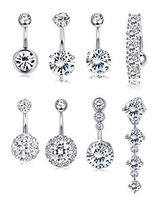 YADOCA 14G 8 Pcs Stainless Steel Belly Button Rings for Women Body Curved Barbell Dangle Body Piercing Set Navel Bar Rings CZ Silver-Tone Rose Gold