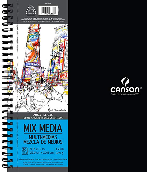 Canson Artist Series Mix Media Paper Pad for Wet or Dry Media, Dual Surface- Fine or Medium, Side Wire Bound, 138 Pound, 9 x 12 Inch, 30 Sheets