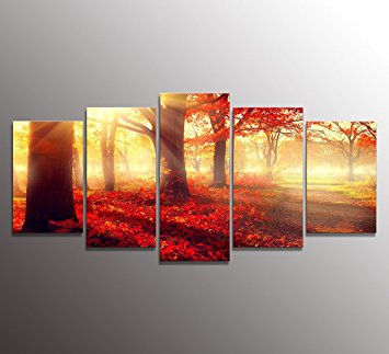 youkuart kx9920Canvas Wall Art Daydream Red Morning in the Forest, Nature Painting USA Design for Home Decor, Modern Framed Set of 5