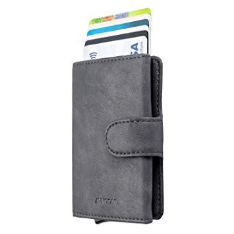 LUNGEAR Credit Card Holders Leather Wallet RFID Blocking Automatic Pop Up Slim Card Case for Men and Women, Smoky Grey