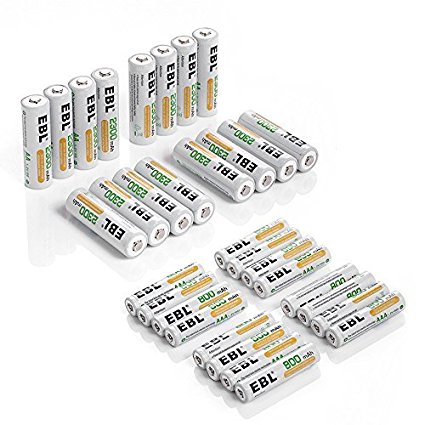 EBL Basic Rechargeable Batteries - AA Battery 2300mAh 16 Pack and AAA 800mAH 16 Pack Battery