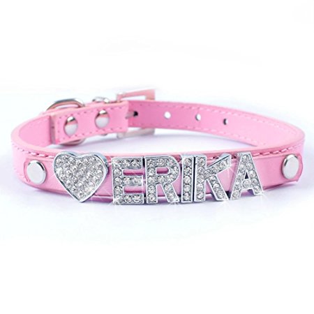Didog Personalized Soft PU Leather Small Dog Collars with Customized Crystal Rhinestones Name & Charms