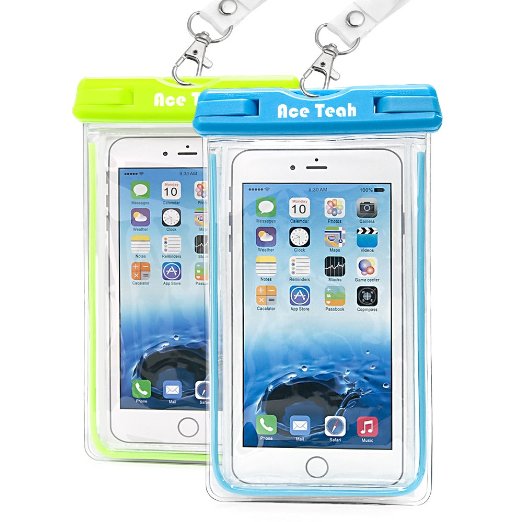 Waterproof Case, 2 Pack Ace Teah Clear Universal Waterproof Case, Dry Bag, Pouch, Transparent Snowproof Dirtproof for iPhone 6S Plus SE 5S 5C, Samsung Galaxy S7 S6 edge, Note 5 4 3 - Blue, Green
