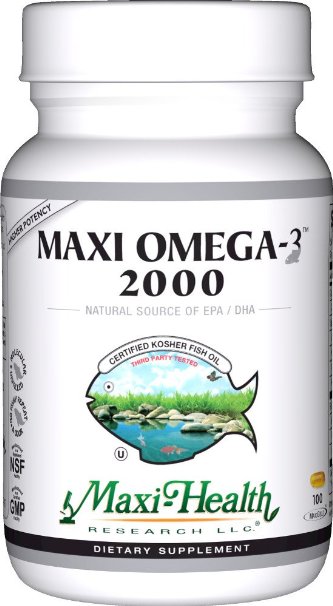 Maxi Health Omega-3 Fatty Acids "2000" - Fish Oil -  100 Gels Capsules - Kosher