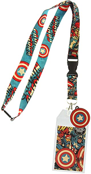Captain America Comic and Logo Print Lanyard with Charm and ID Badge Holder