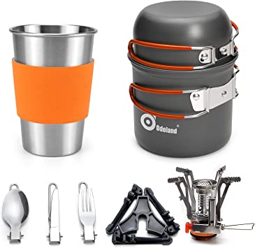 Odoland Camping Cookware Stove Carabiner Canister Stand Tripod and Stainless Steel Cup, Tank Bracket, Fork Spoon Kit for Backpacking, Outdoor Camping Hiking and Picnic