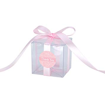 Gechtas 20Pcs PET Crystal Clear Cube Favor Boxes, 2"x2"x2", Food Safe, 0.3mm Thick, with Pink Satin Ribbon and Thank You Stickers, for Wedding, Shower, Party Favors (#B)