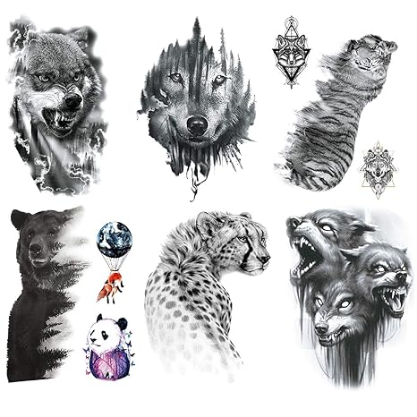 Kotbs 6 Sheets Animal Temporary Tattoos, Black Strong Wolf Tiger Tattoo Stickers for Men Women Adults Waterproof Fake Tattoos