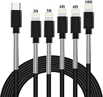 USB C to Lightning Cable, 5Pack [3/6/10ft Apple MFi Certified] iPhone Charger Spring Cable USB-C Power Delivery Charging Cord for iPhone 13/13 Pro Max/12/11/XR/X/8/iPad/AirPods Pro/More (Black)