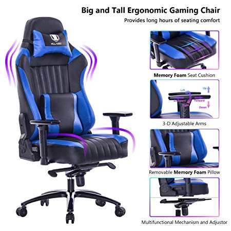 KILLABEE Big and Tall 181kg Memory Foam Gaming Chair-Adjustable Tilt, Angle and 3D Arms Ergonomic High-Back Leather Racing Executive Computer Desk Office Metal Base, Blue