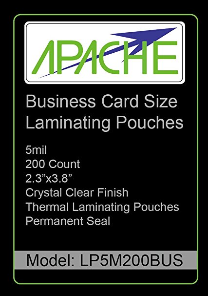 Apache Laminating Pouches, Business Card Size, 200 Pack, 5 mil