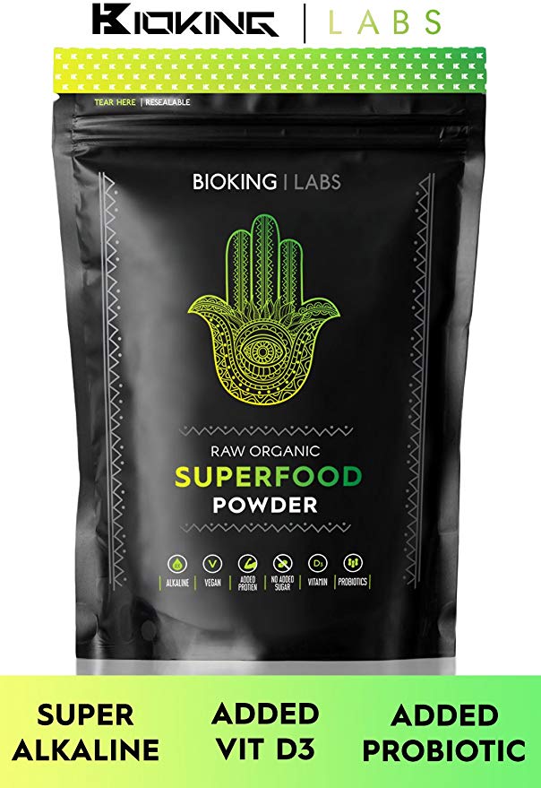 ULTIMATE SUPER GREENS POWDER 250g by BioKing Labs | Premium Organic Super Greens Blend | NO FILLER, NO SUGAR, NO SWEETENER | Our All Natural Alkaline, Vegan Friendly, Superfood Powder Is Packed With Protein, Vitamins, Probiotics & Antioxidants | Developed to Energize, Detoxify & Increase Body Immunity | Includes Spirulina, Flaxseed, Turmeric, Maca, Wheatgrass & More | Made In UK