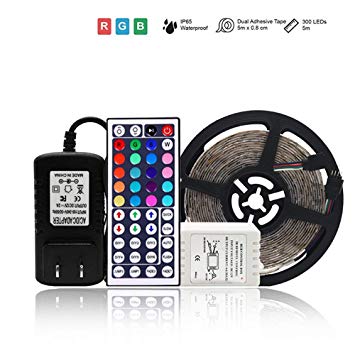 GOCTOS LED Strip Lights, 16.4ft RGB 300leds Waterproof Flexible Light Strips,12V DC Led Light Kit with 44-Key Remote Controller & Power Supply for Kitchen Bedroom and Outdoor Decoration