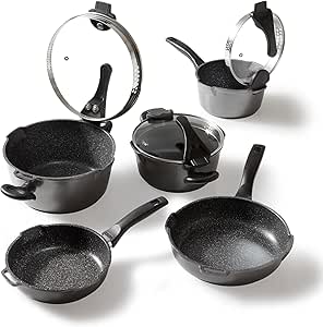 STONELINE Future Batterie de Cuisine 8 pcs – Set de Casseroles, Poêles avec Becs Verseurs et Couvercles Passoires, Revêtement Antiadhésif en Pierre, Compatible Induction