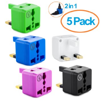 Yubi Power 2 in 1 Universal Travel Adapter with 2 Universal Outlets - Built in Surge Protector - 5 Pack - Green White Blue Purple Black - Type G for United Kingdom, Hong Kong, Ireland, and more
