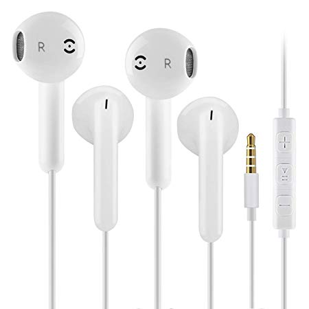 ZJXD In Ear Headphones iPhone Earphones Noise Isolating Wired Earbuds 3.5mm Earpods With Stereo Mic Remote For Apple iPhone 6 6S, iPad, iPod, Samsung Galaxy, HUAWEI (2 Pack White)
