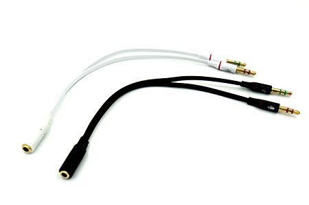 2-Pack 3.5mm Female to 2 Male Gold Plated Headphone Mic Audio Y Splitter Flat Cable,( Black & White)