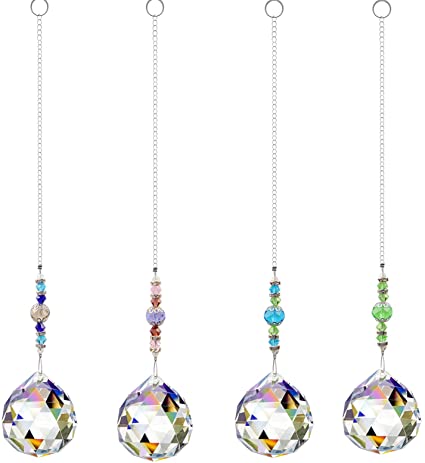 4 Pcs Crystal Suncatchers, Clear 30mm Crystal Ball Prism Pendants, Window Crystal Rainbow Maker Ornament Sun Catcher, Hanging Crystals for Windows Garden Suncatcher Office Home Decor