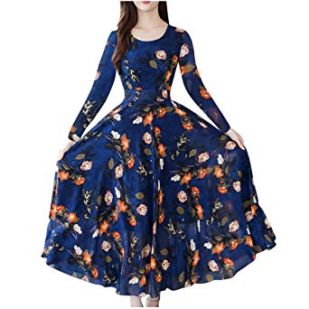 LuminitA Womens Floral Print Dress Retro Round Neck Long Sleeve Gowns Lady Casual Pleated Swing Dress
