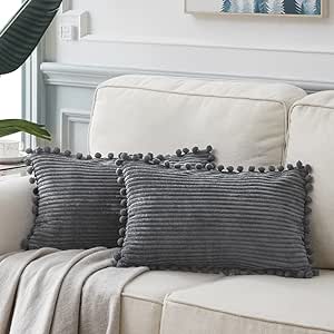 Fancy Homi 2 Pack Dark Gray Lumbar Decorative Throw Pillow Covers 14x24 Inch with Pom-poms for Couch Bedroom Sofa, Soft Corduroy Solid Rectangle Cushion Case 35x60 cm, Farmhouse Boho Home Decor