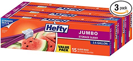 Hefty Slider 2.5 Gallon Jumbo Storage Bags, 15 Count (Pack of 3) 45 Bags Total