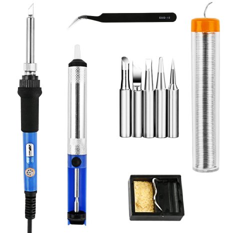 6-in-1 Electric Soldering Iron Kit, FlePow®60W Adjustable Temperature Welding Soldering Iron With 5pcs different Tips, Desoldering Pump, Solder Wire, Anti-static Tweezer, Stand and Cleaning Sponge