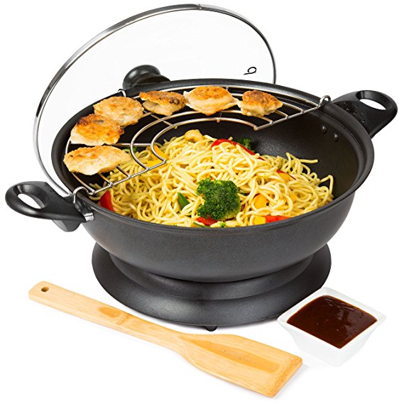 Andrew James Electric Wok with Lid - Fast Heating 1400w Portable Wok Cooker with Non-Stick Pan - Set Includes Stainless Steel Tempura Rack & Bamboo Spatula - Heat Resistant Handles