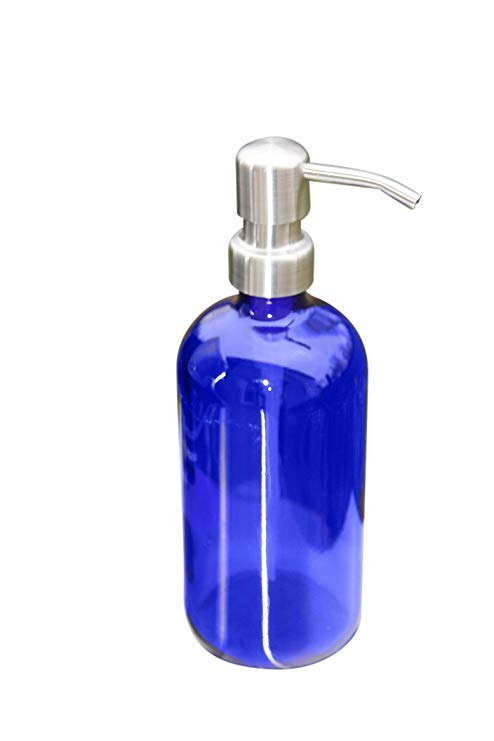 Cobalt Blue Pint Jar Soap Dispenser with Brushed Stainless Metal Pump - Blue 16oz Glass Jar Lotion Bottle