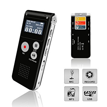 Digital Voice Recorder, Portable Recorder, Multifunctional Rechargeable Dictaphone, FlatLED Audio Voice Recorder Dictaphone, MP3 Music Player with Mini USB Port and Color LCD display, Black-8GB
