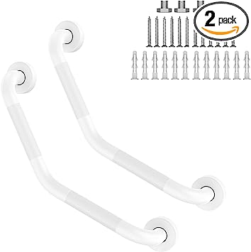 16 Inch Angled Grab Bar 2 Pack, ZUEXT Anti Slip White Shower Grab Bar Handles, Stainless Steel Knurled Bathroom Balance Bar, Safety Hand Rail Support,Handicap Elderly Injury Senior Assist Bath Handle