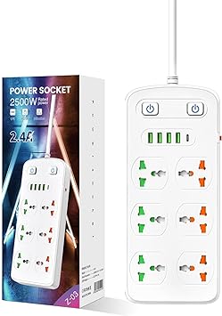 Universal Power Strip with USB and Type C Port, Surge Protector with 6 Universal Oulets and 4 USB, 110-250V, 6.5ft Extension Lead 2500W for European Travel, Home Office