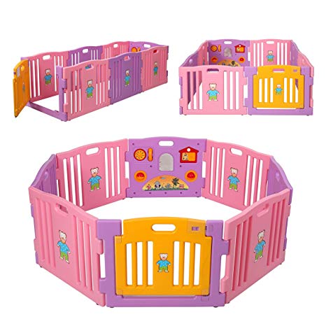 JAXPETY Baby Playpen Kids 8 Panel Safety Play Center Yard Home Indoor Outdoor New Pen (Pink)