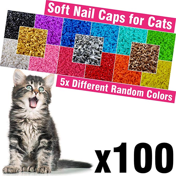 100 pcs Soft Cat Nail Caps for Cats Claws 5X Different Random Colors   5X Adhesive Glue   5X Applicator, Kittens Cap Tips Pet Paws Claw Grooming Kitten Extra Small Medium Large Kitty Soft Covers
