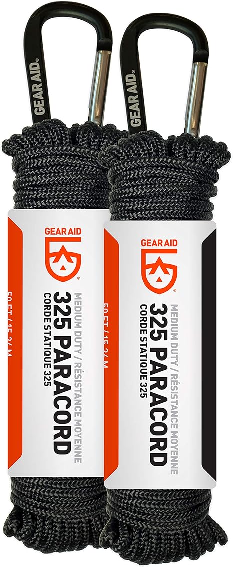 GEAR AID 325 Paracord and Carabiner, Utility Cord for Camping and Hiking, Black, 2-pk