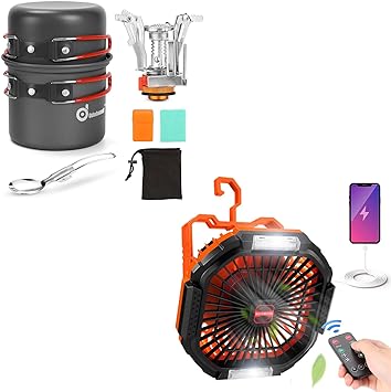 Odoland Bundle - 2 Items 6pcs Camping Cookware Mess Kit and Camping Fan with Remote Control